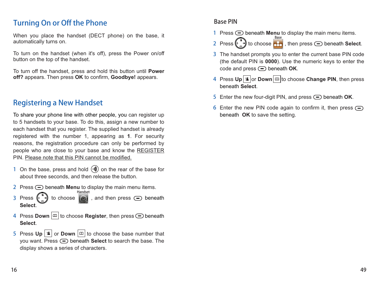 Turning on or off the phone, Registering a new handset | iCreation i-800 User Manual | Page 50 / 64