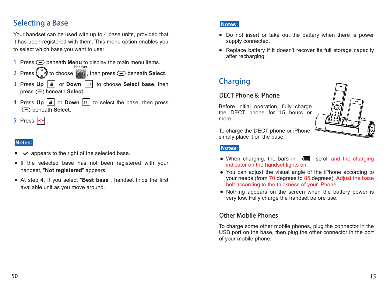 Charging, Selecting a base | iCreation i-800 User Manual | Page 51 / 64