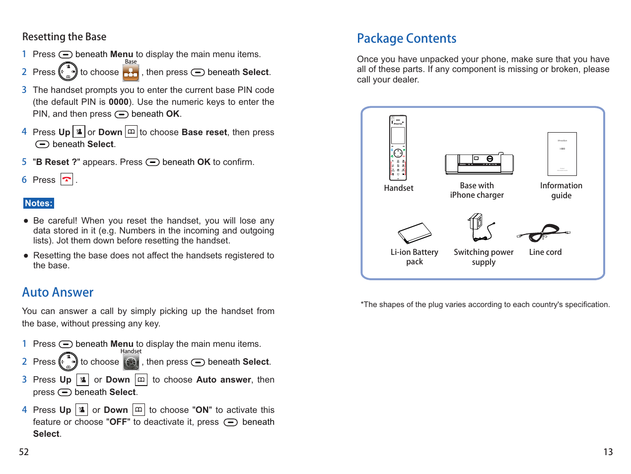 Package contents, Auto answer | iCreation i-800 User Manual | Page 53 / 64