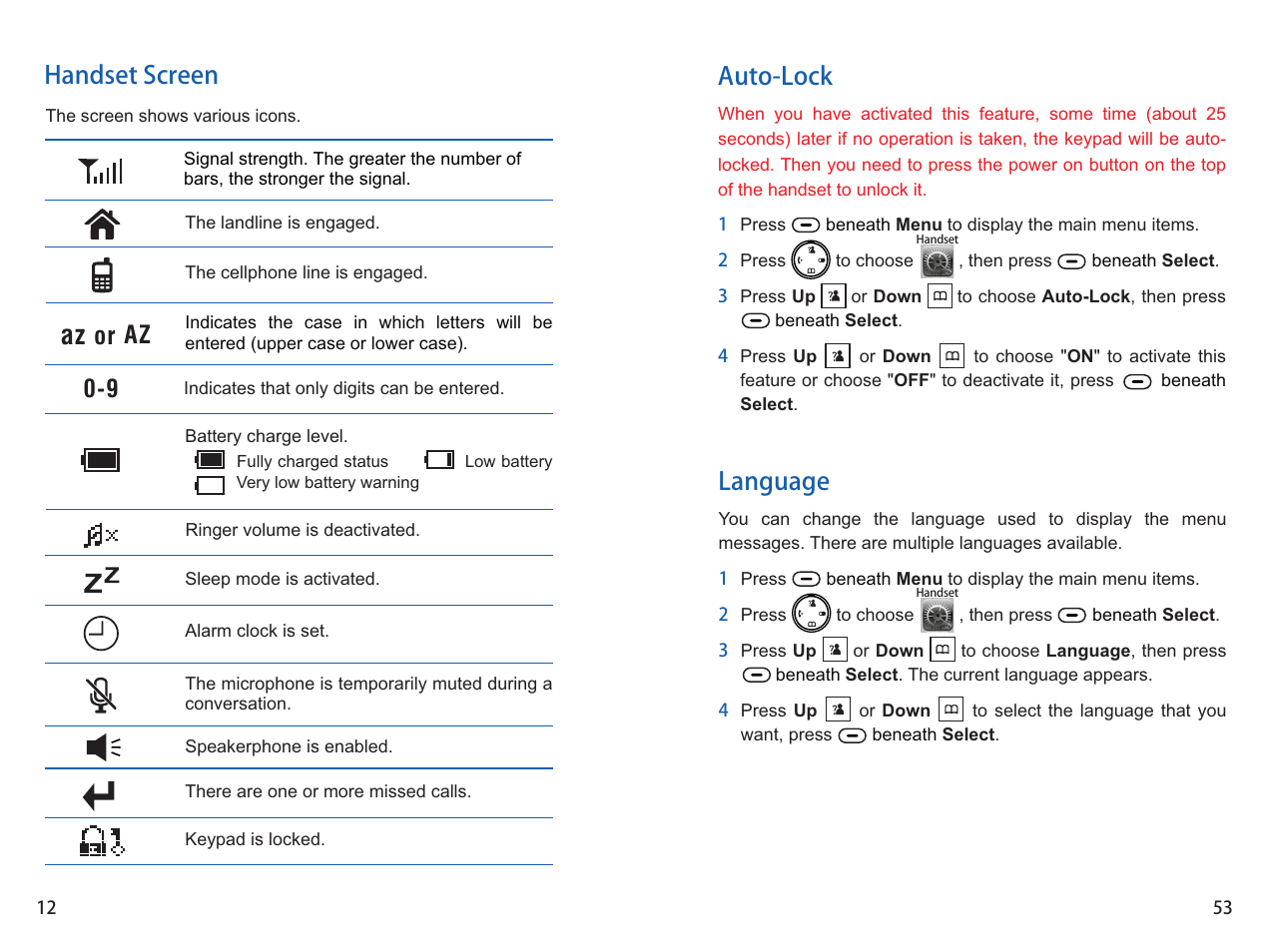 9 handset screen or, Language, Auto-lock | iCreation i-800 User Manual | Page 54 / 64