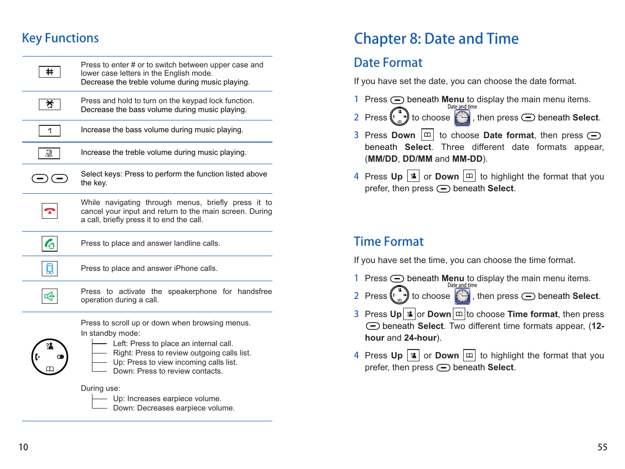 Chapter 8: date and time, Key functions, Date format time format | iCreation i-800 User Manual | Page 56 / 64