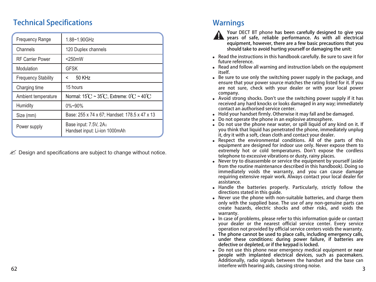 Warnings, Technical specifications | iCreation i-800 User Manual | Page 63 / 64