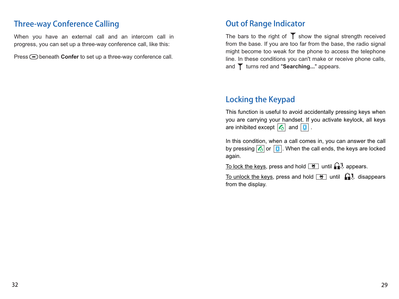 Three-way conference calling, Out of range indicator locking the keypad | iCreation i-700 User Manual | Page 30 / 62