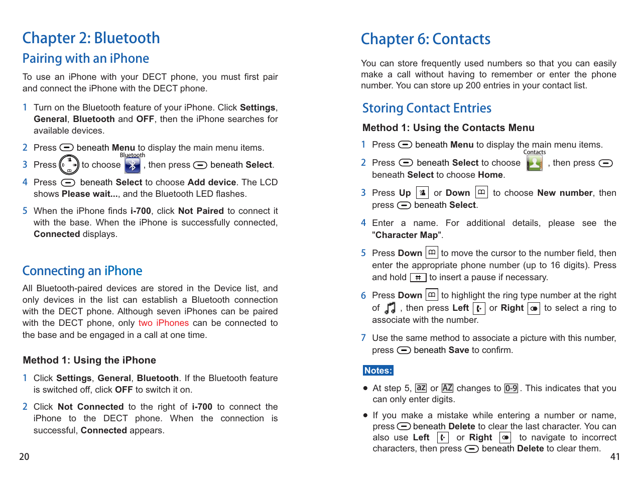 Chapter 2: bluetooth, Chapter 6: contacts, Pairing with an iphone connecting an iphone | Storing contact entries | iCreation i-700 User Manual | Page 42 / 62