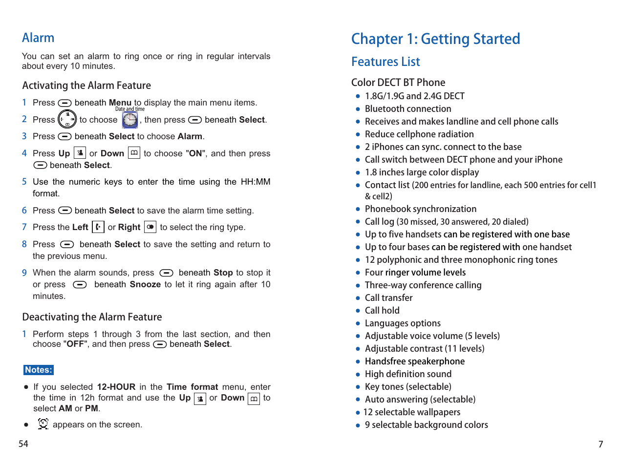 Chapter 1: getting started, Features list, Alarm | iCreation i-700 Extension User Manual | Page 8 / 62