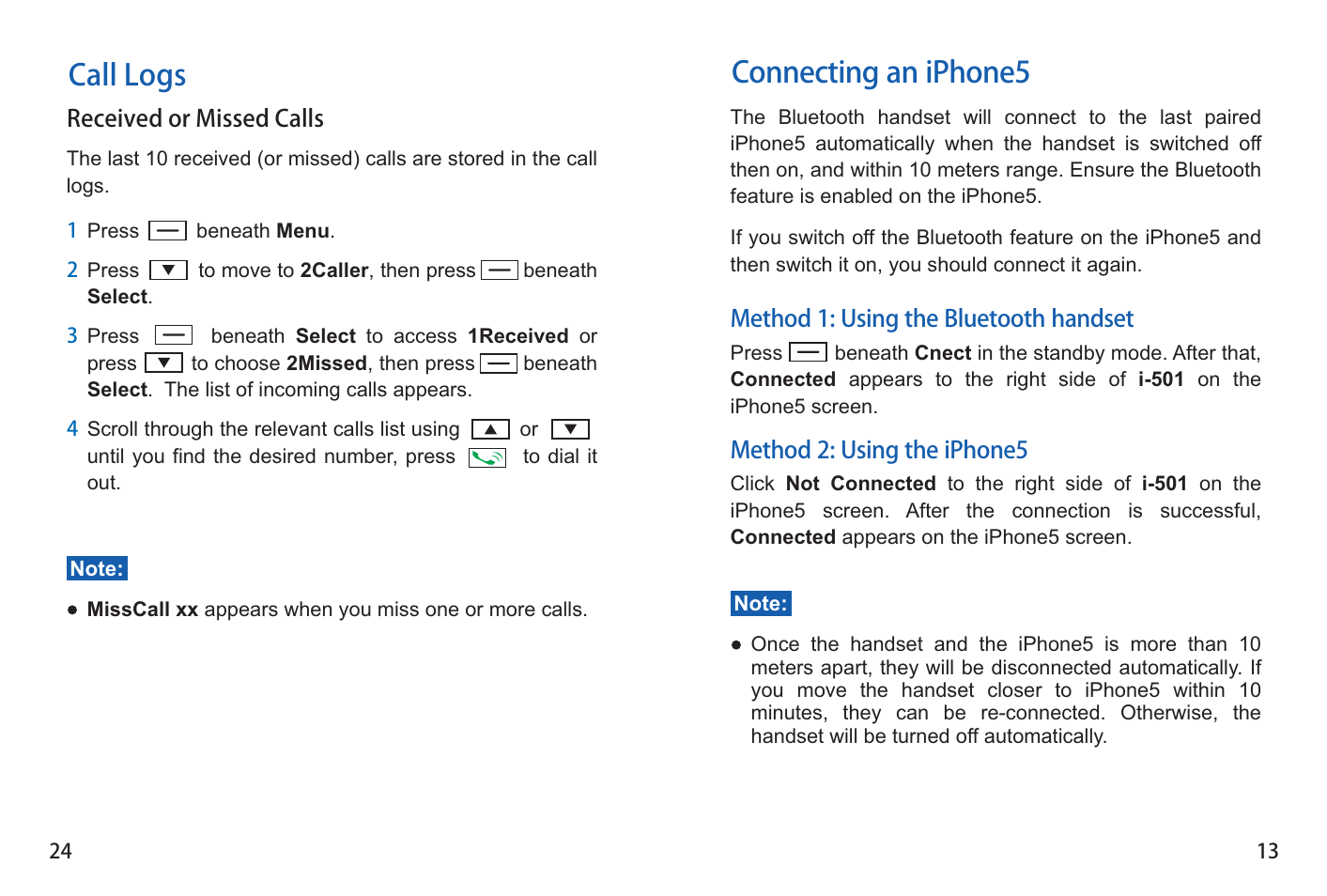 Connecting an iphone5, Call logs | iCreation i-501 User Manual | Page 25 / 38