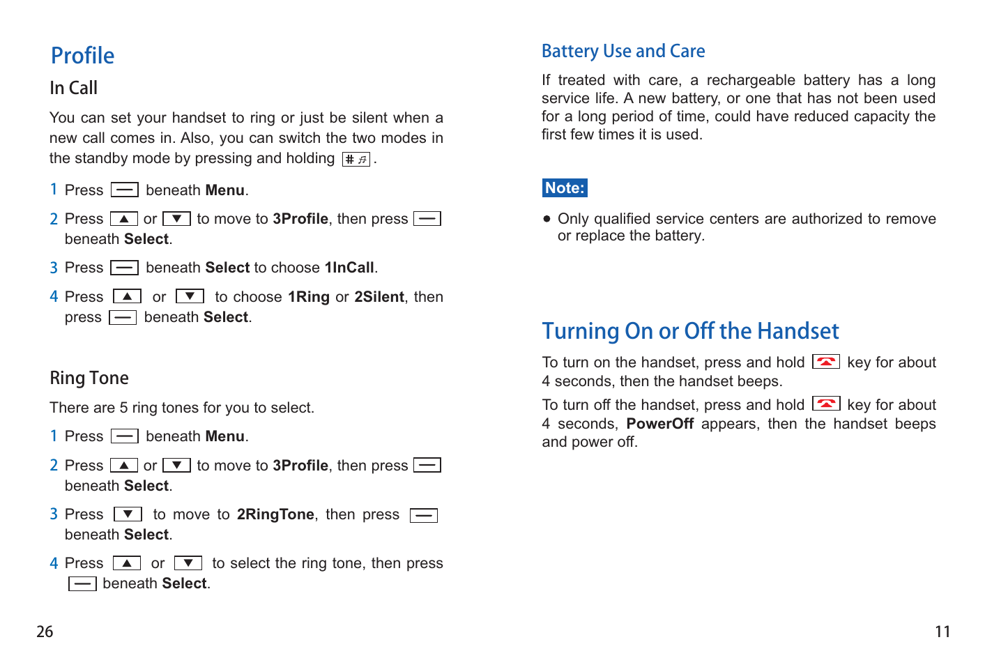Profile, Turning on or off the handset | iCreation i-501 User Manual | Page 27 / 38