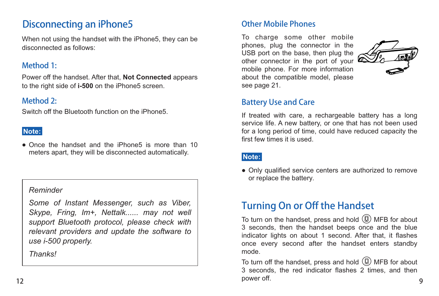 Turning on or off the handset, Disconnecting an iphone5 | iCreation i-500 User Manual | Page 13 / 23