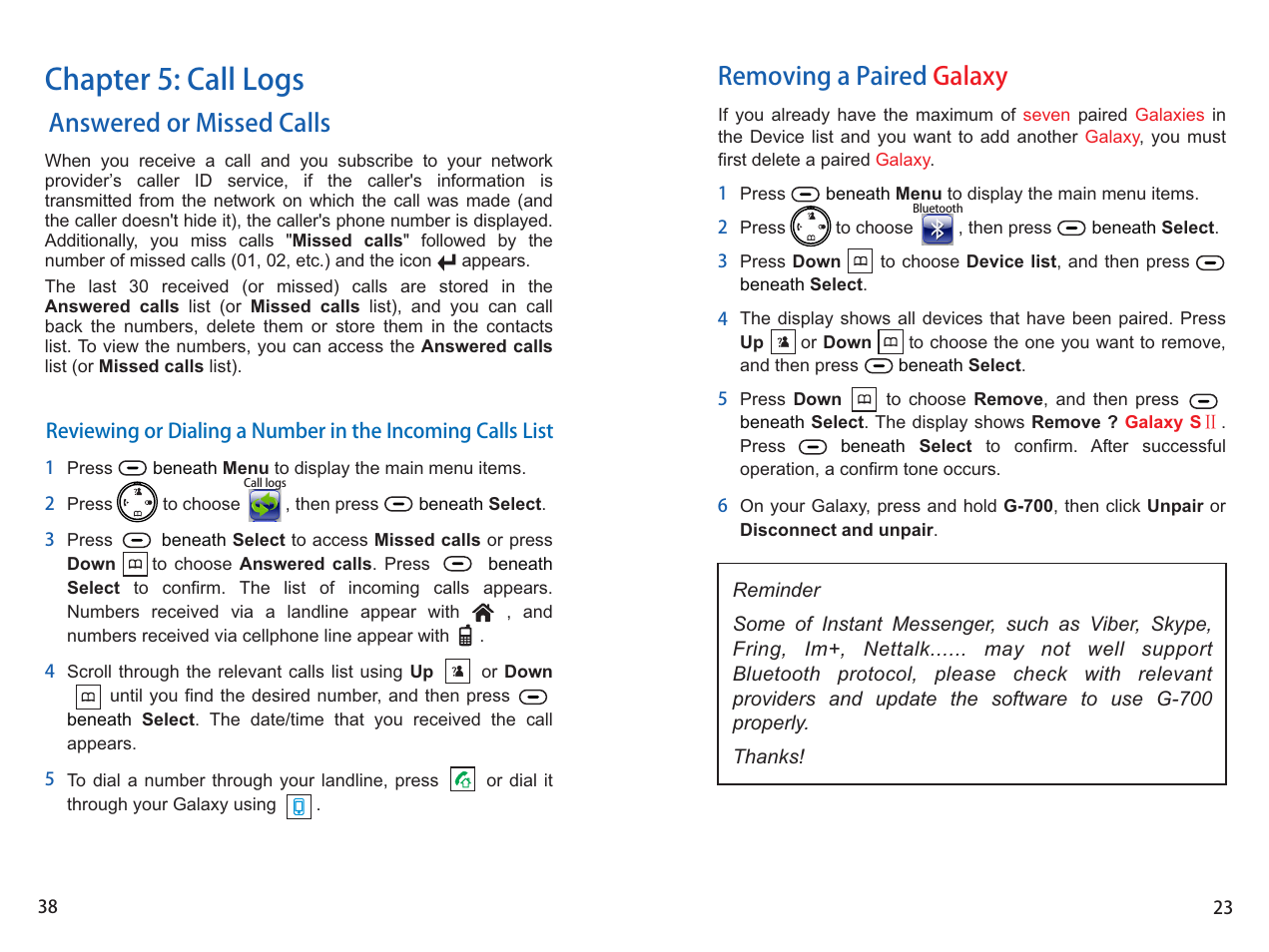 Chapter 5: call logs, Answered or missed calls, Removing a paired galaxy | iCreation G-700 user vanual User Manual | Page 24 / 62