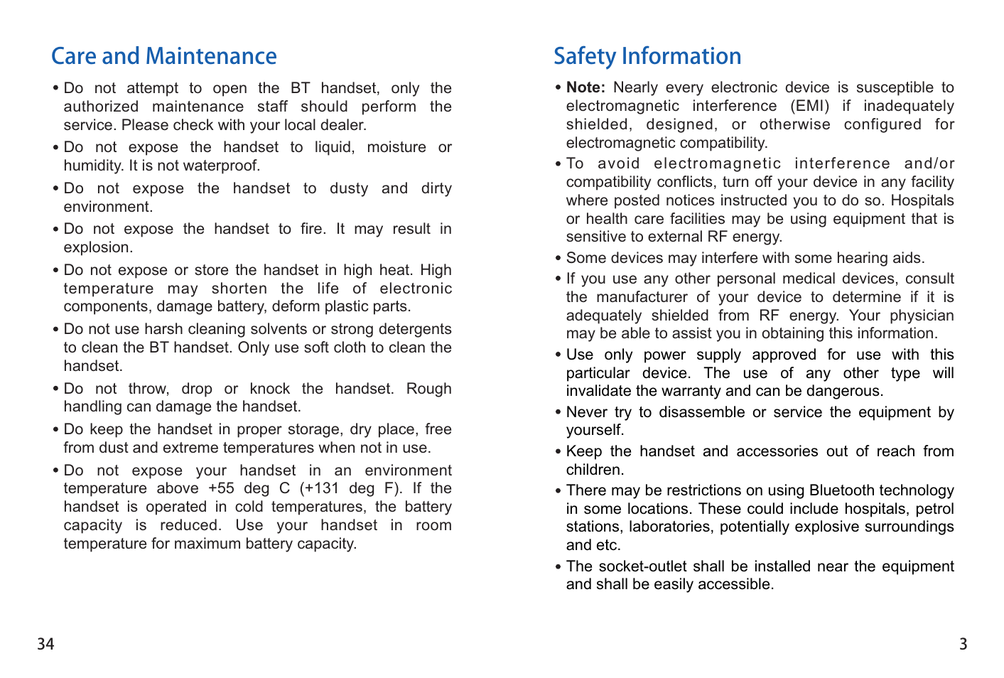 Safety information, Care and maintenance | iCreation G-501 User Manual | Page 35 / 38