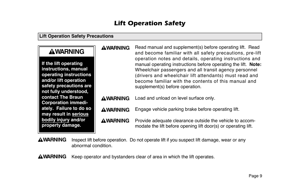 Warning, Lift operation safety | Braun 6 User Manual | Page 11 / 45