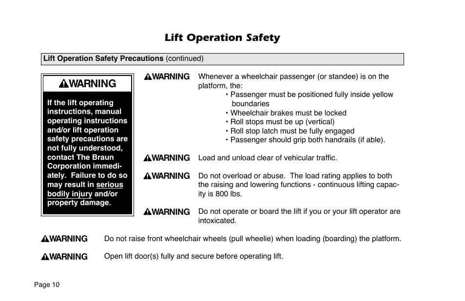 Warning, Lift operation safety | Braun 6 User Manual | Page 12 / 45