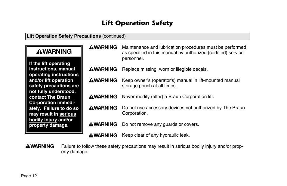 Lift operation safety, Warning | Braun 6 User Manual | Page 14 / 45