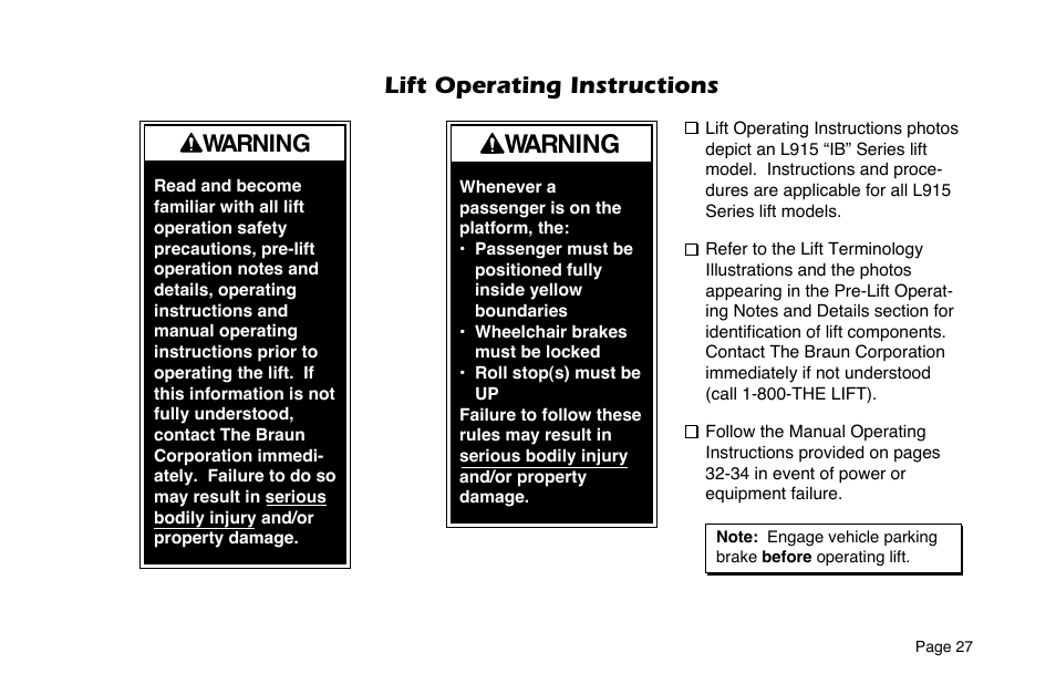 Warning, Lift operating instructions | Braun 6 User Manual | Page 29 / 45