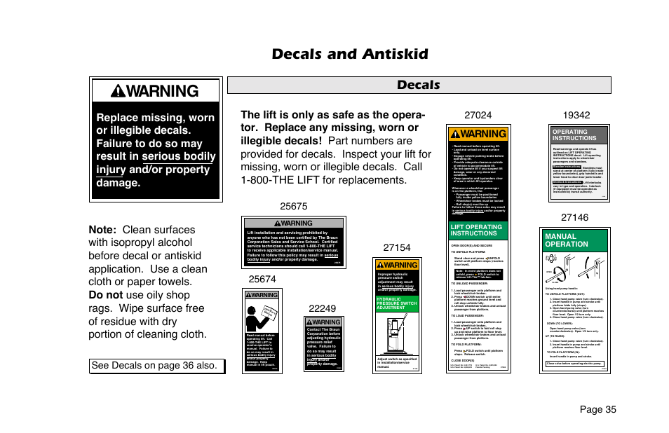 Warning, Decals and antiskid, Decals | Page 35, See decals on page 36 also, Manual operation | Braun 6 User Manual | Page 37 / 45