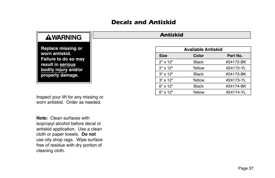 Warning, Decals and antiskid, Antiskid | Braun 6 User Manual | Page 39 / 45