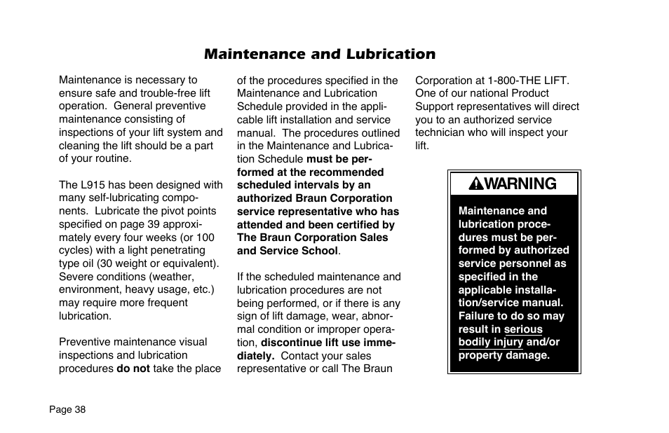 Warning, Maintenance and lubrication | Braun 6 User Manual | Page 40 / 45