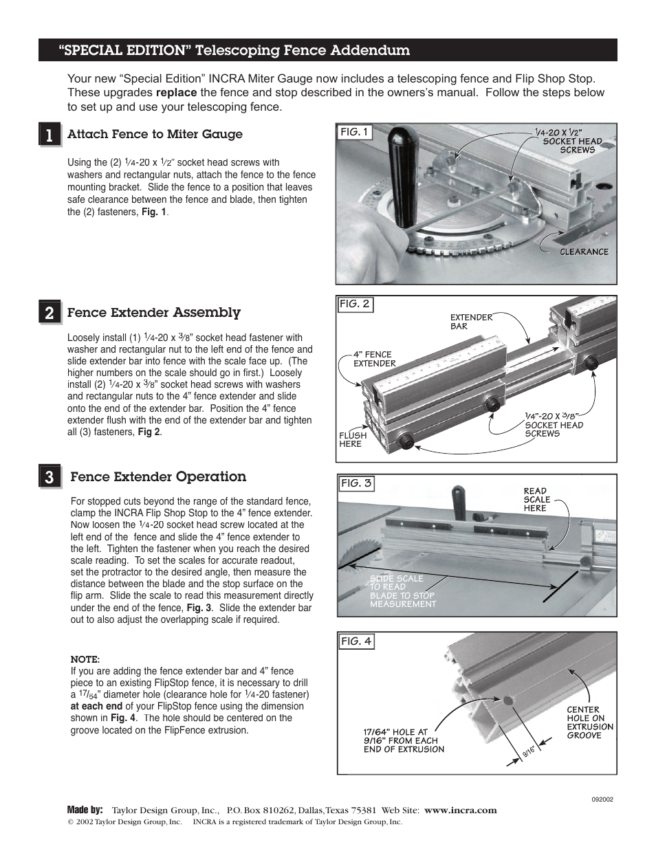 Special edition” telescoping fence addendum, Assembly, Operation | Fence extender | INCRA Miter 3000SE User Manual | Page 5 / 7