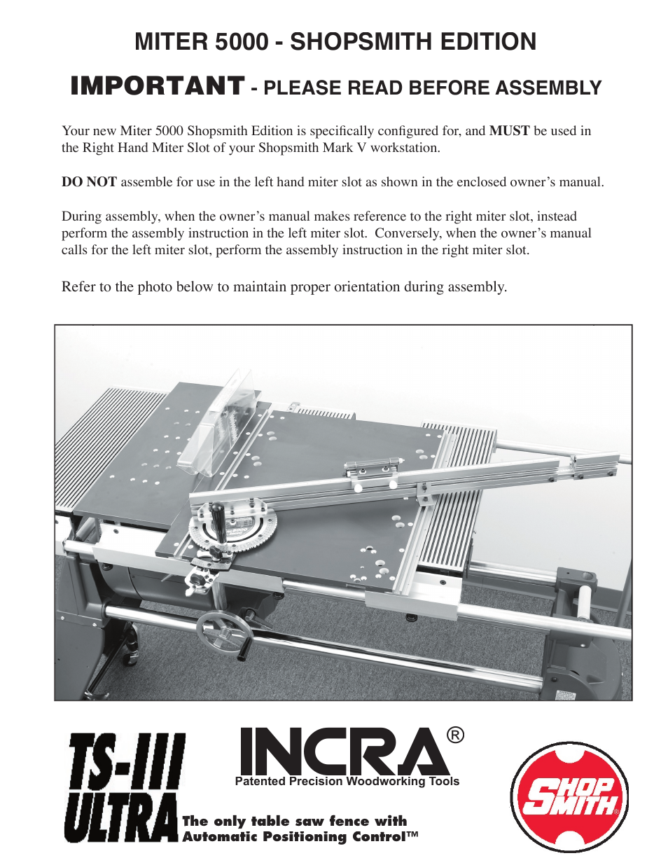 INCRA Miter 5000 Shopsmith Addendum User Manual | 1 page