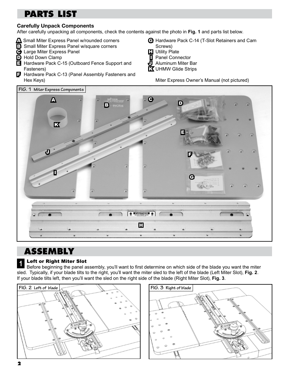 Parts list parts list, Assembly assembly | INCRA Miter Express User Manual | Page 2 / 8