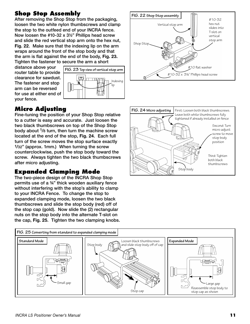 Shop stop assembly, Micro adjusting, Expanded clamping mode | INCRA LS Positioner User Manual | Page 11 / 16