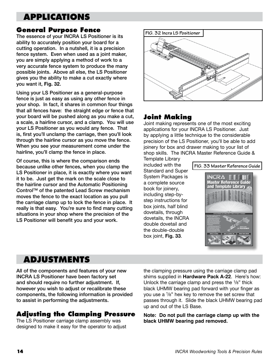 Applications adjustments, General purpose fence, Joint making | Adjusting the clamping pressure | INCRA LS Positioner User Manual | Page 14 / 16