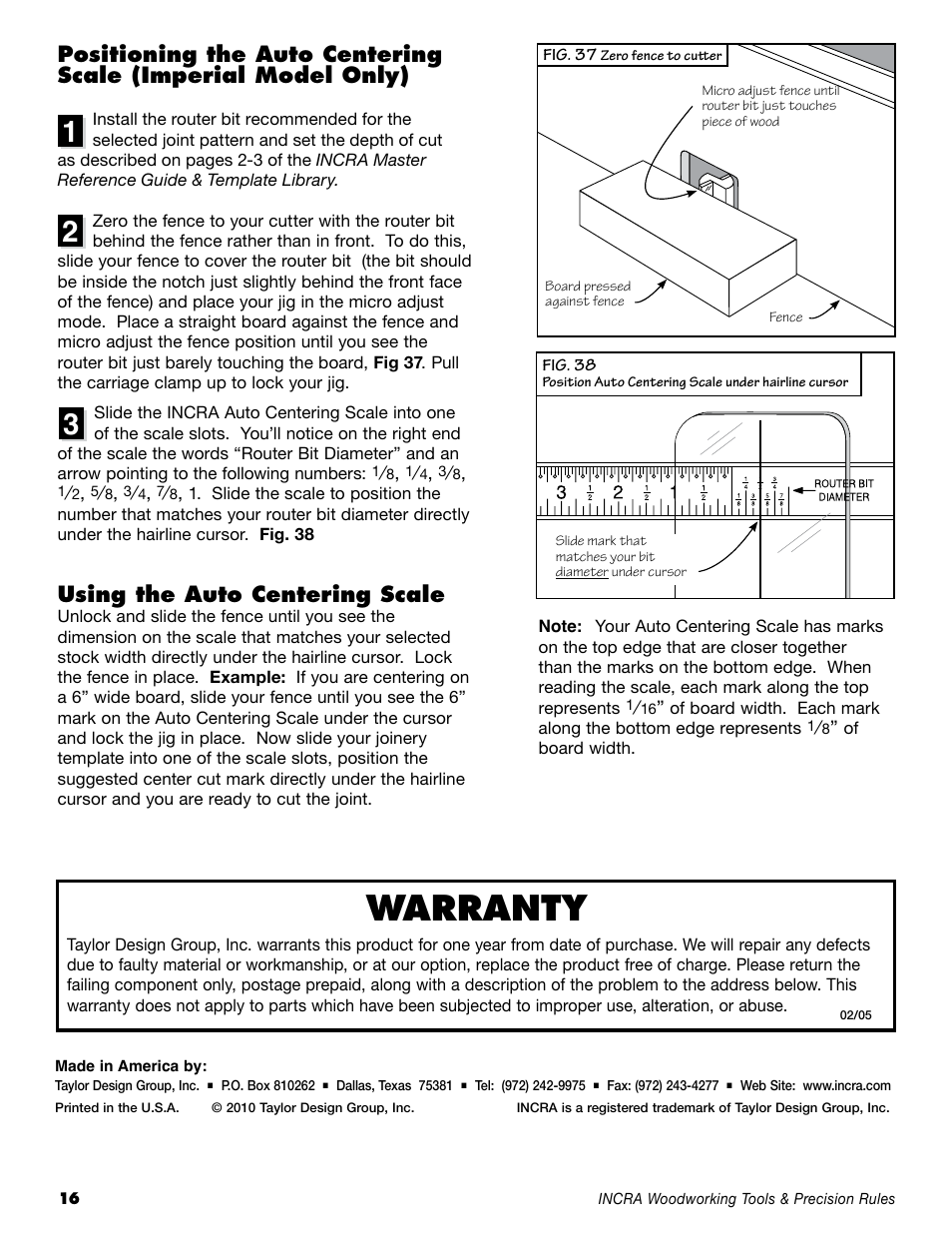 Warranty, Using the auto centering scale | INCRA LS Positioner User Manual | Page 16 / 16