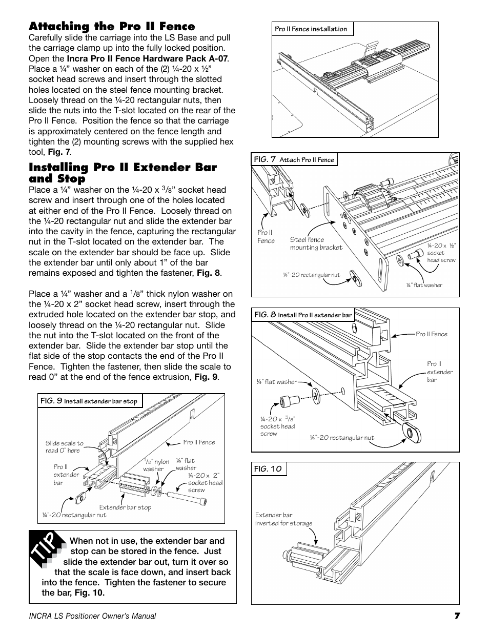 Attaching the pro ii fence, Installing pro ii extender bar and stop | INCRA LS Positioner User Manual | Page 7 / 16