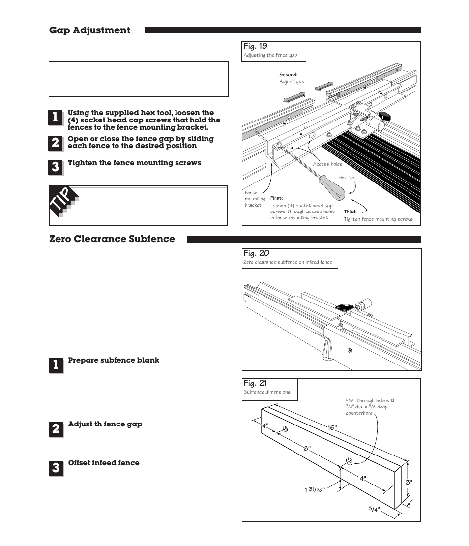 Gap adjustment, Zero clearance subfence, Fig. 19 | Fig. 20, Fig. 21 | INCRA Twin Linear User Manual | Page 12 / 20