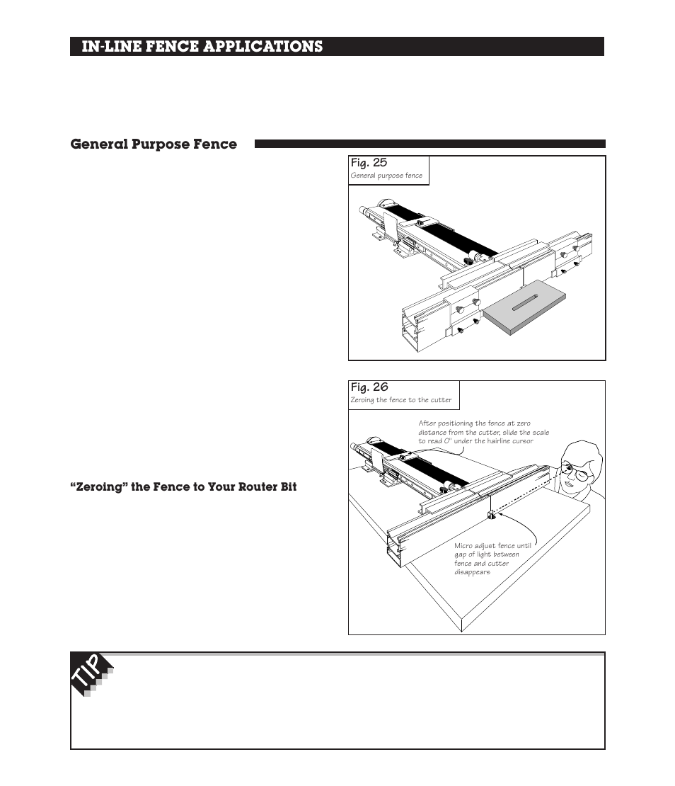 In-line fence applications, General purpose fence, Zeroing” the fence to your router bit | Fig. 25, Fig. 26 | INCRA Twin Linear User Manual | Page 14 / 20