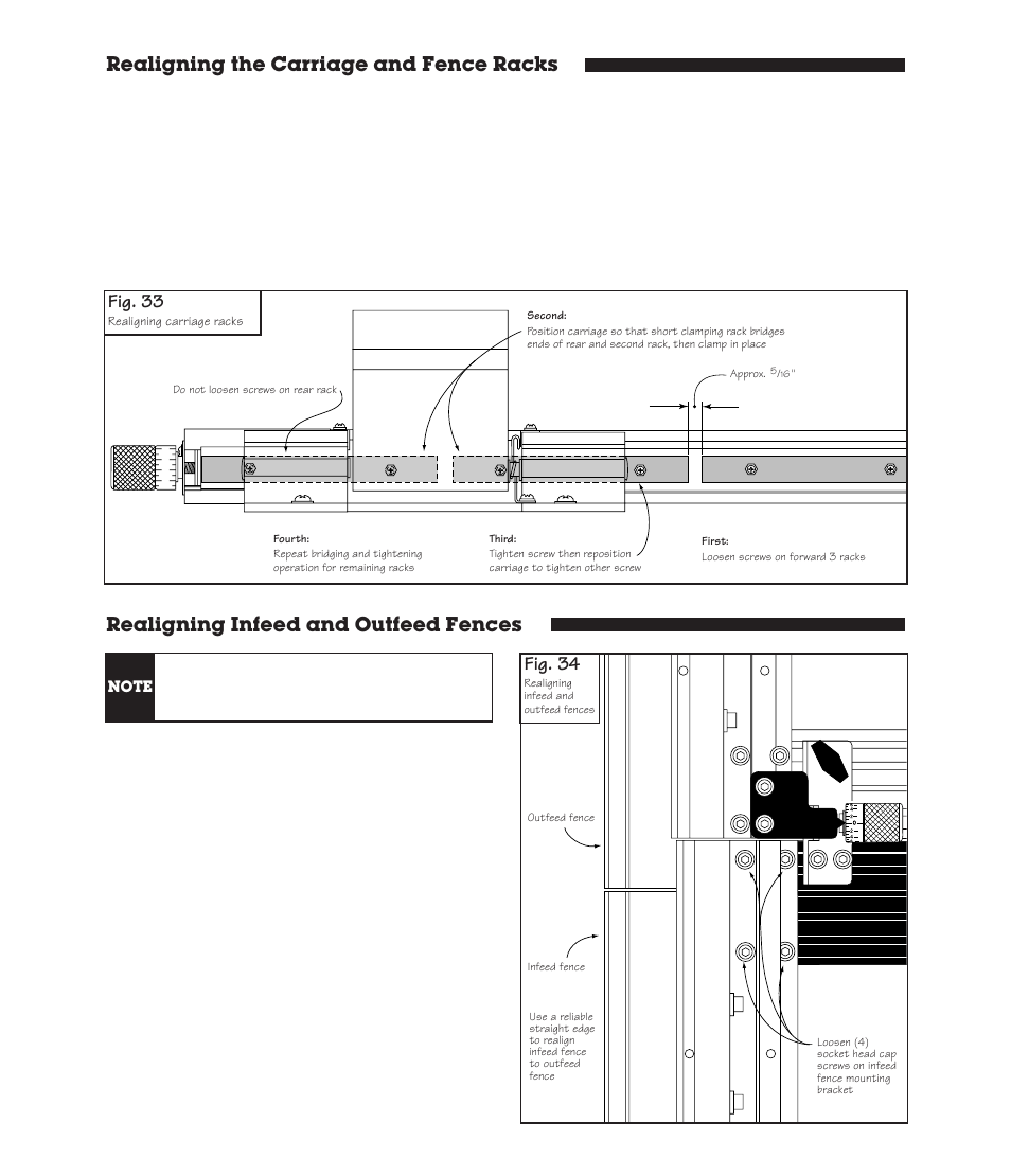 Realigning the carriage and fence racks, Realigning infeed and outfeed fences, Fig. 33 | Fig. 34 | INCRA Twin Linear User Manual | Page 19 / 20