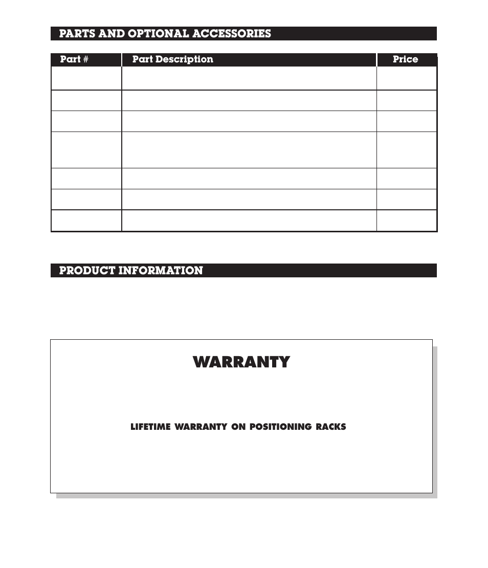 Parts & optional accessories, Product information, Warranty | Parts and optional accessories product information | INCRA Twin Linear User Manual | Page 20 / 20