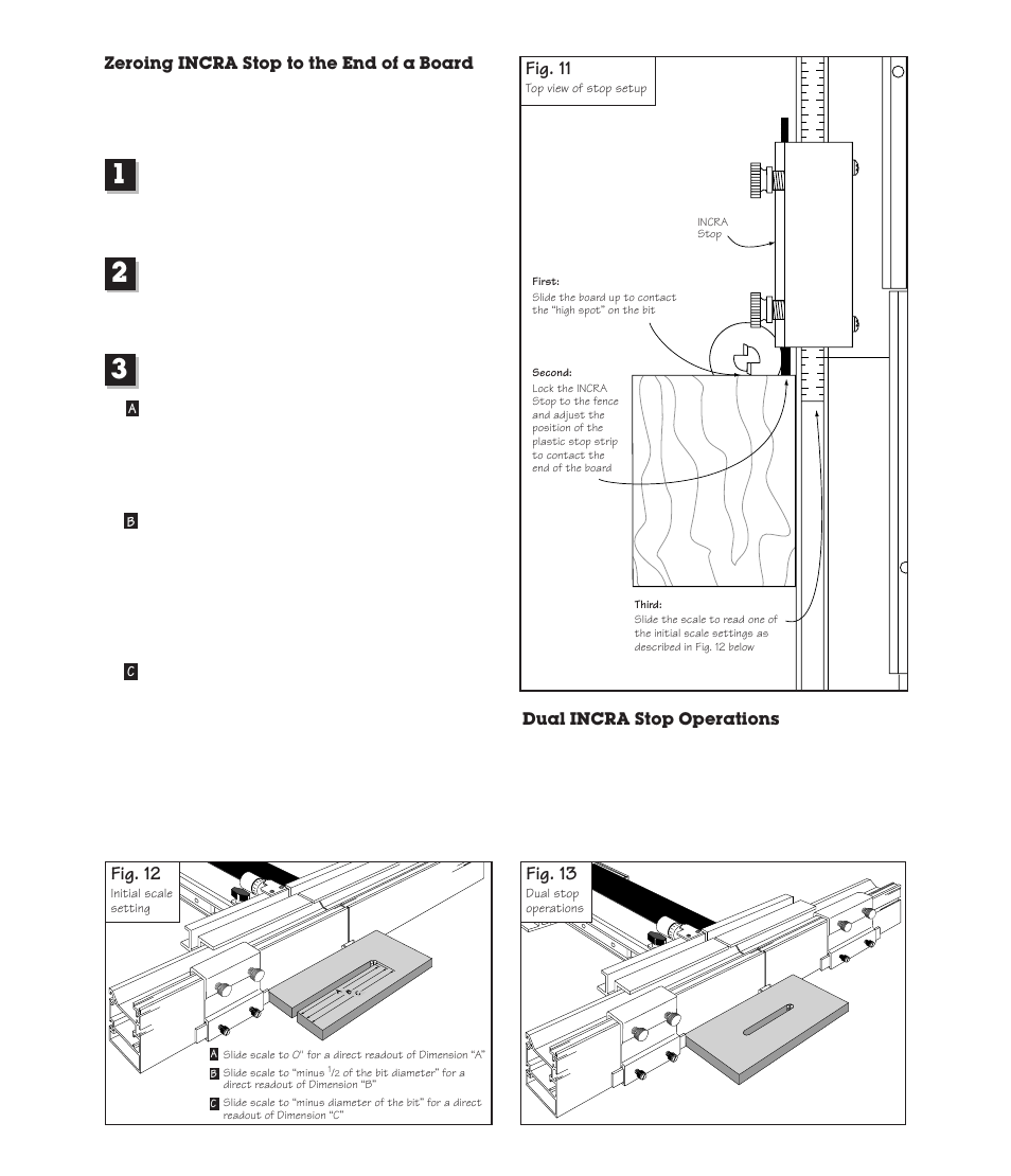 Zeroing, Dual incra stop operations, Fig. 12 | Fig. 13, Fig. 11 | INCRA Twin Linear User Manual | Page 7 / 20