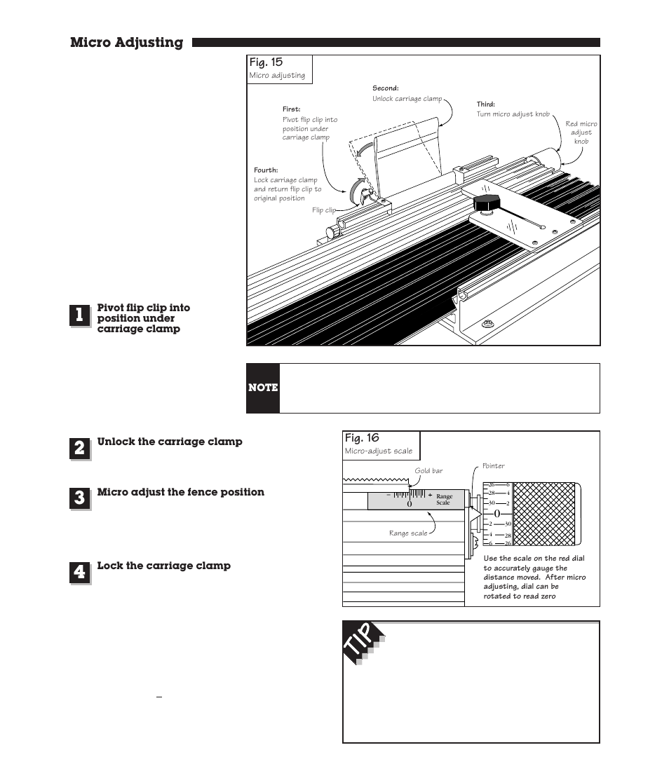 Micro adjusting, Fig. 16, Fig. 15 | INCRA Twin Linear User Manual | Page 9 / 20