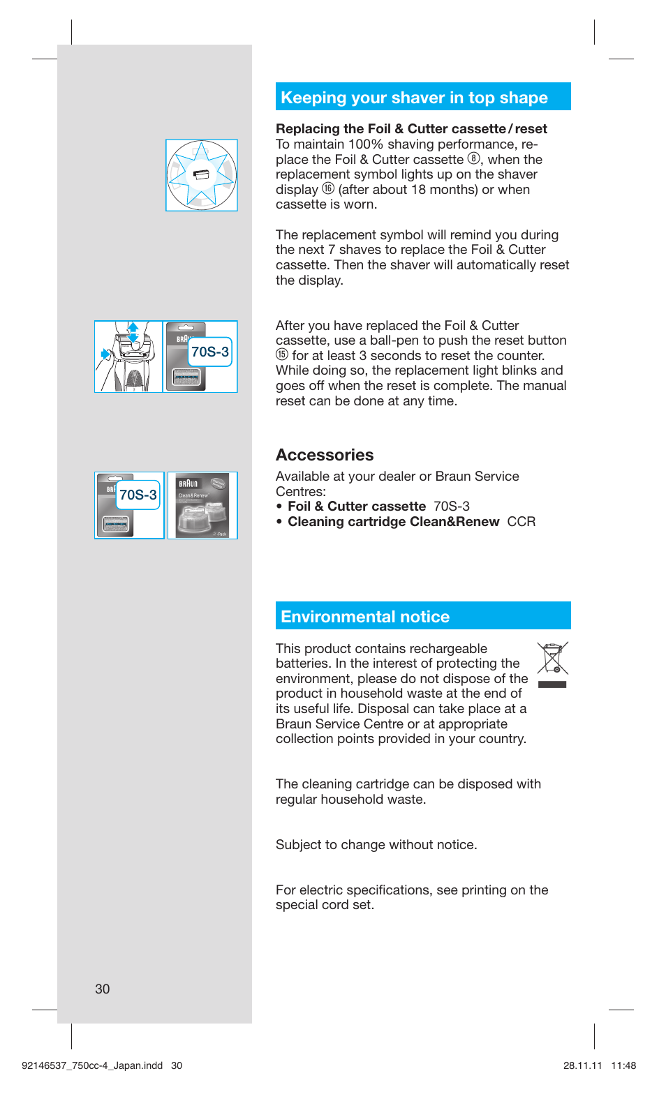 Keeping your shaver in top shape, Accessories, Environmental notice | Braun 750CC-4 User Manual | Page 30 / 32