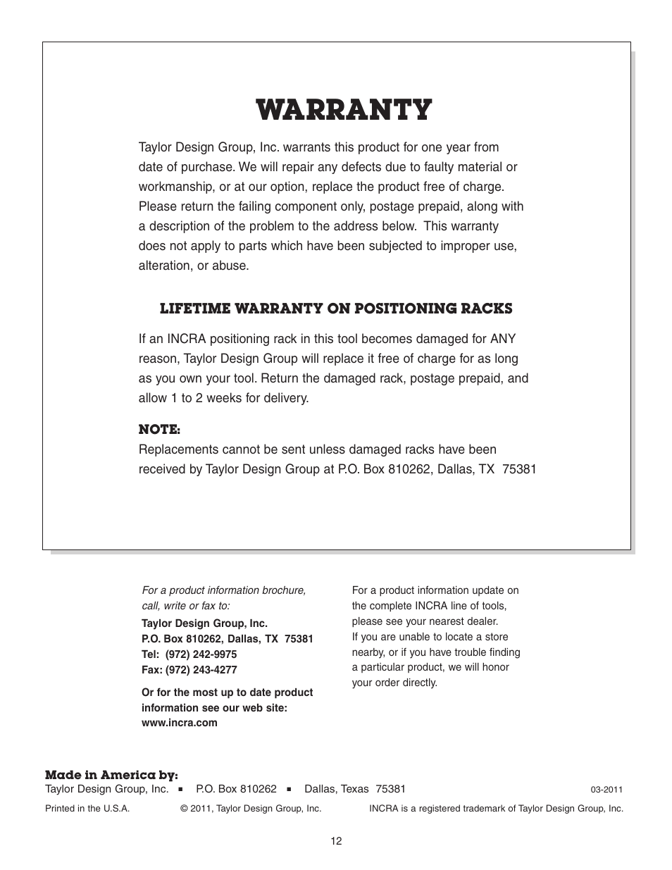 Warranty | INCRA Wonder Fence User Manual | Page 12 / 12