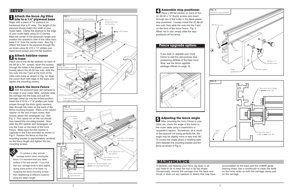 Setup, Maintenance, Fence upgrade option | INCRA Ultra Lite User Manual | Page 2 / 9