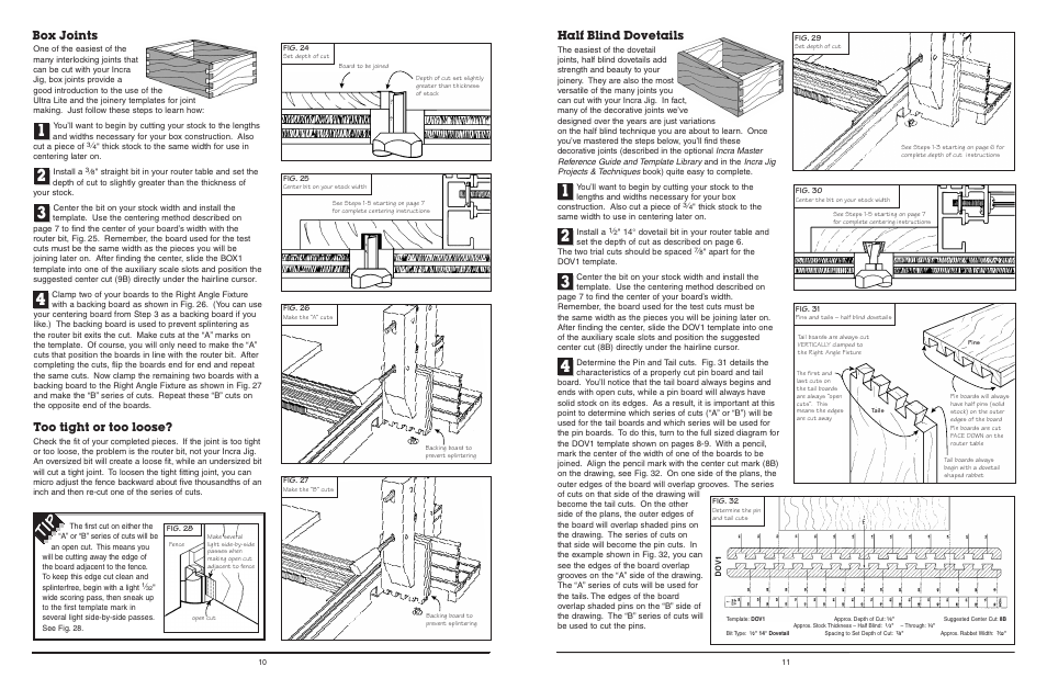 Too tight or too loose, Box joints, Half blind dovetails | INCRA Ultra Lite User Manual | Page 6 / 9