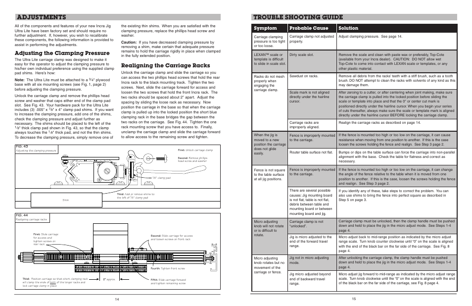 Adjustments, Trouble shooting guide, Adjusting the clamping pressure | Realigning the carriage racks | INCRA Ultra Lite User Manual | Page 8 / 9