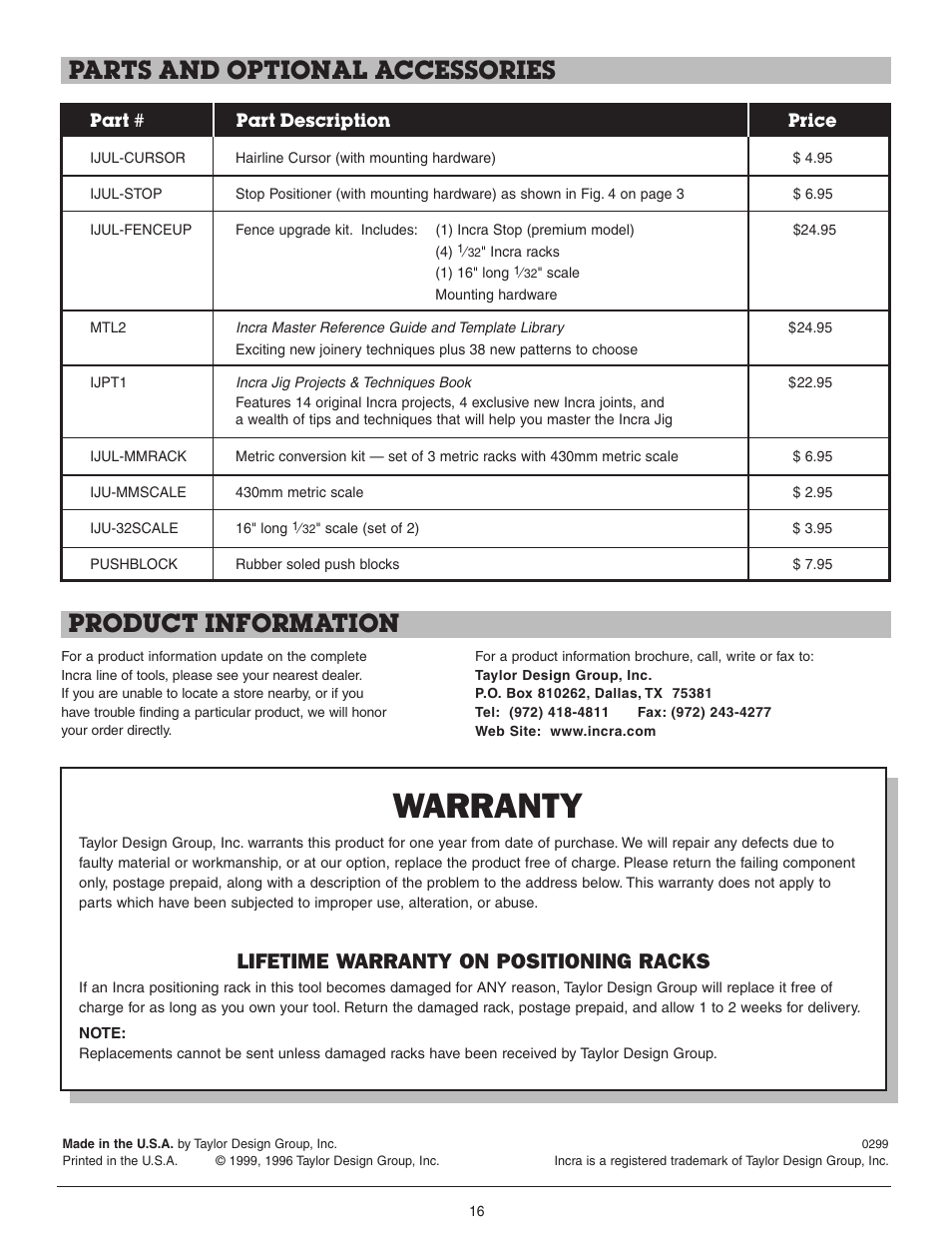 Warranty, Parts and optional accessories product information, Lifetime warranty on positioning racks | INCRA Ultra Lite User Manual | Page 9 / 9