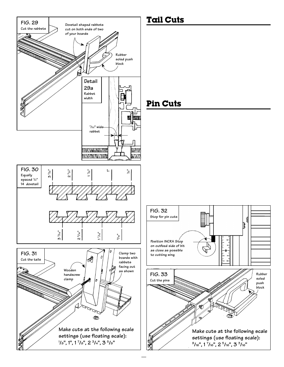 Tail cuts, Pin cuts, Fig. 29 | Detail 29a, Fig. 30, Fig. 31, Fig. 33, Fig. 32 | INCRA Ultra 24 User Manual | Page 14 / 20