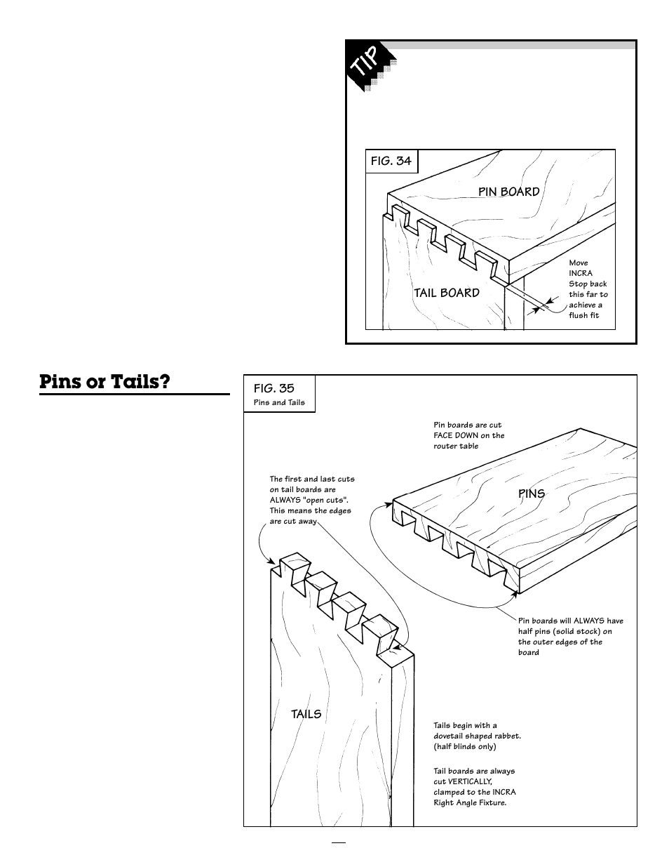 Pins or tails, Fig. 35, Tails | Pins pin board tail board fig. 34 | INCRA Ultra 24 User Manual | Page 15 / 20