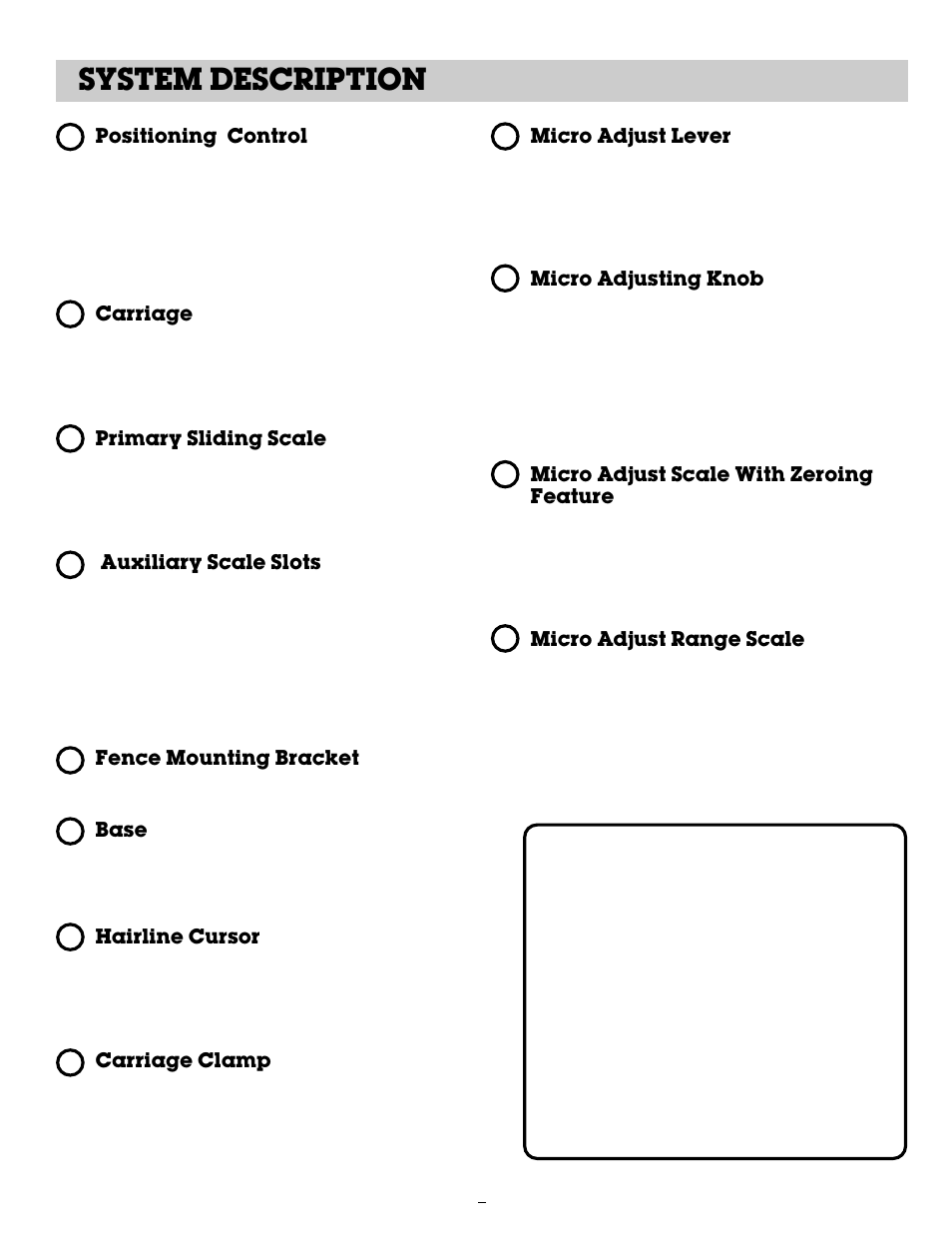 System description, Positioning control, Carriage | Primary sliding scale, Auxiliary scale slots, Fence mounting bracket, Base, Hairline cursor, Carriage clamp, Micro adjusting knob | INCRA Ultra 24 User Manual | Page 3 / 20