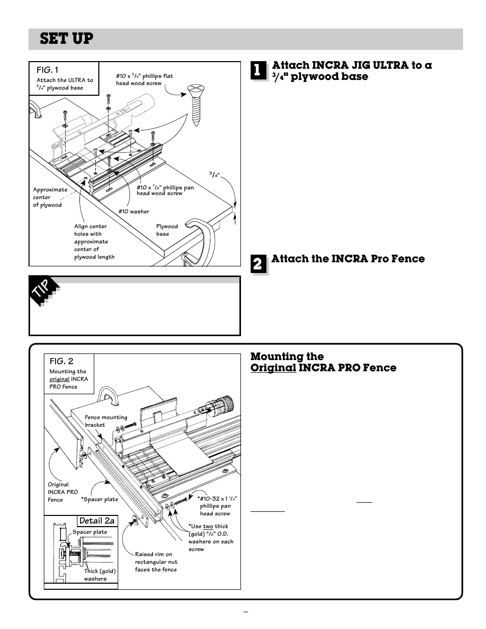 Set up, 2set up, Attach incra jig ultra to a | Plywood base, Attach the incra pro fence, Mounting the original incra pro fence, Fig. 1, Fig. 2, Detail 2a | INCRA Ultra 24 User Manual | Page 4 / 20