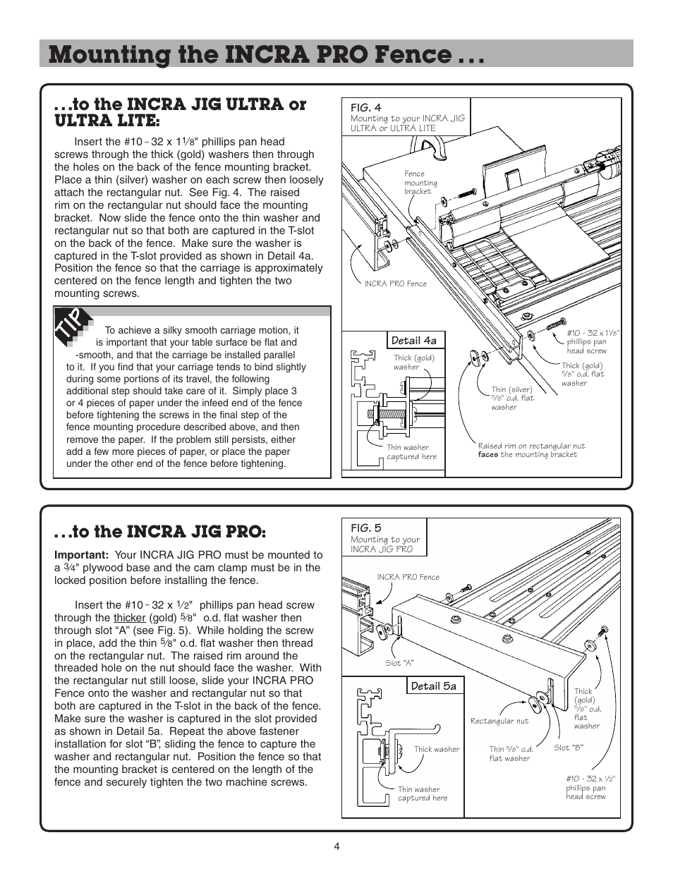 Mounting the incra pro fence, Detail 4a, Fig. 4 | Fig. 5, Detail 5a | INCRA Pro Fence System User Manual | Page 4 / 8