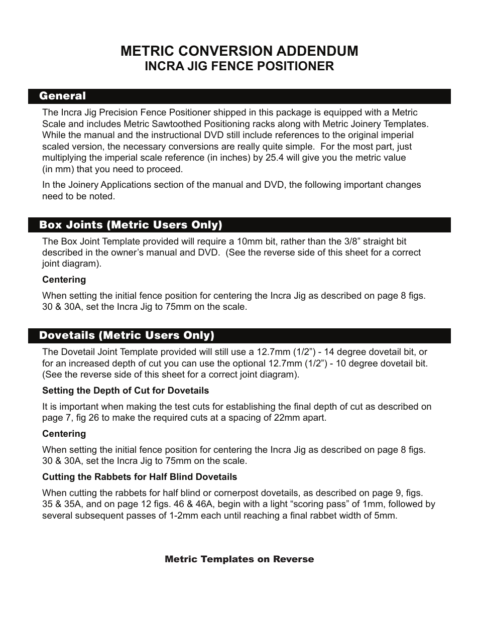 INCRA Jig Metric User Manual | 2 pages