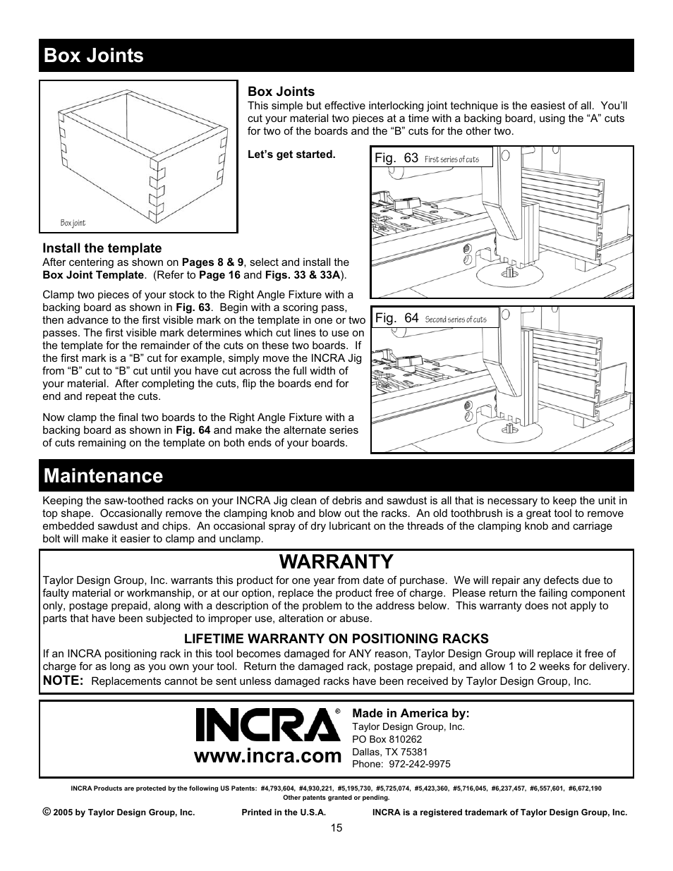 Box joints, Warranty | INCRA Jig User Manual | Page 15 / 16