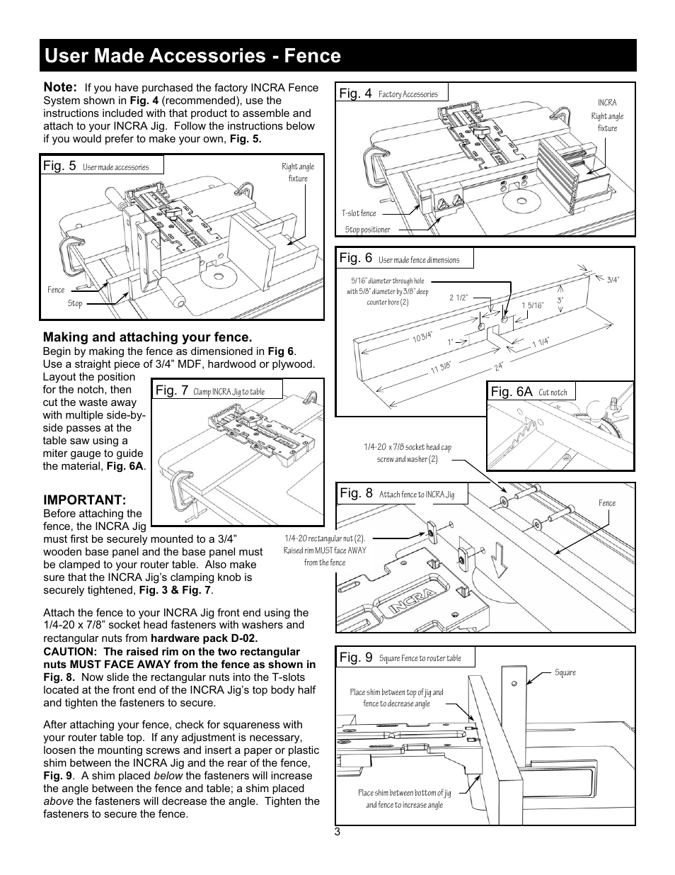 User made accessories - fence, Making and attaching your fence, Fig. 4 | Fig. 5, Fig. 6, Fig. 6a, Fig. 9, Fig. 8, Important, Fig. 7 | INCRA Jig User Manual | Page 3 / 16