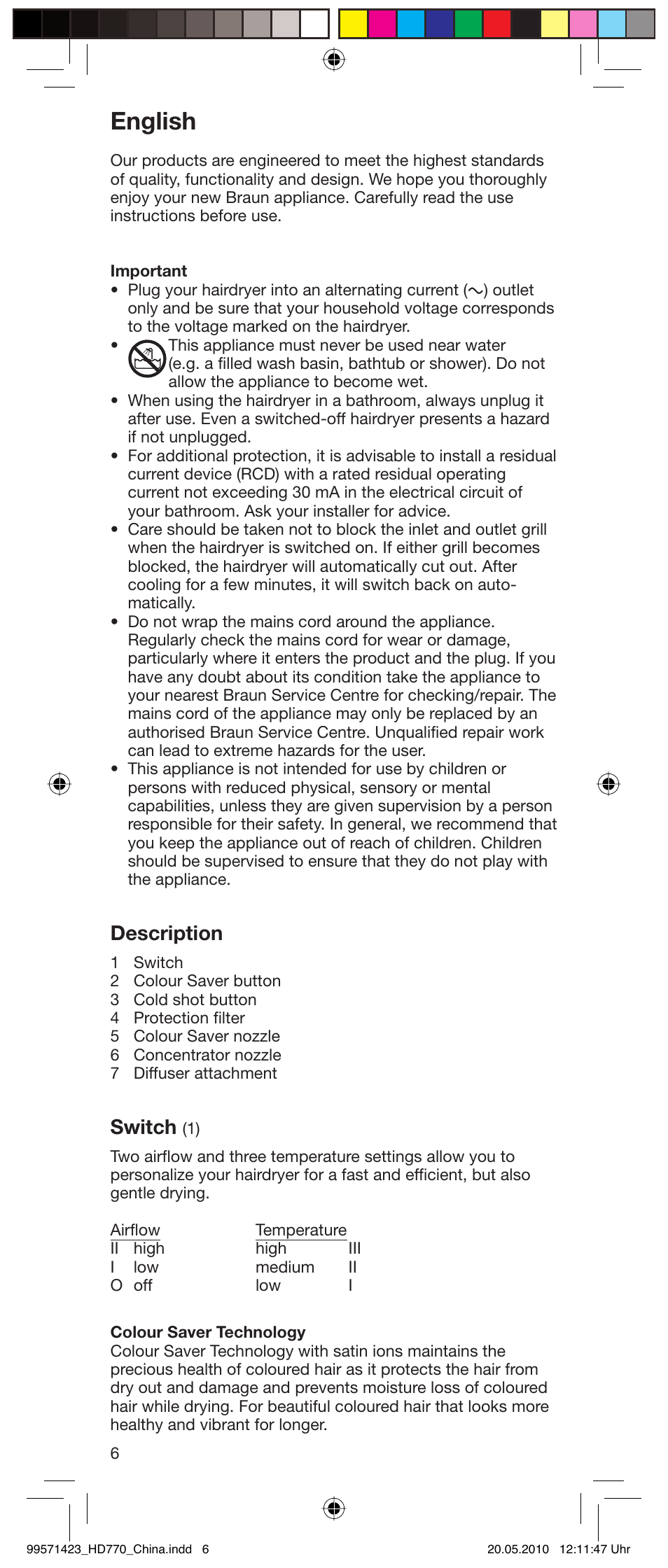 English, Description, Switch | Braun Satin-Hair 3549-HD 770 User Manual | Page 6 / 8