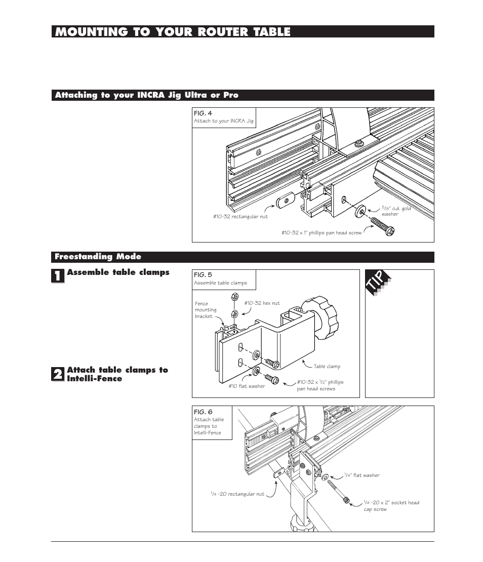 Mounting to your router table, Attaching, Freestanding mode | Assemble table clamps, Attach table clamps to intelli-fence, Attaching to your incra jig ultra or pro | INCRA Intelli-Fence User Manual | Page 3 / 8